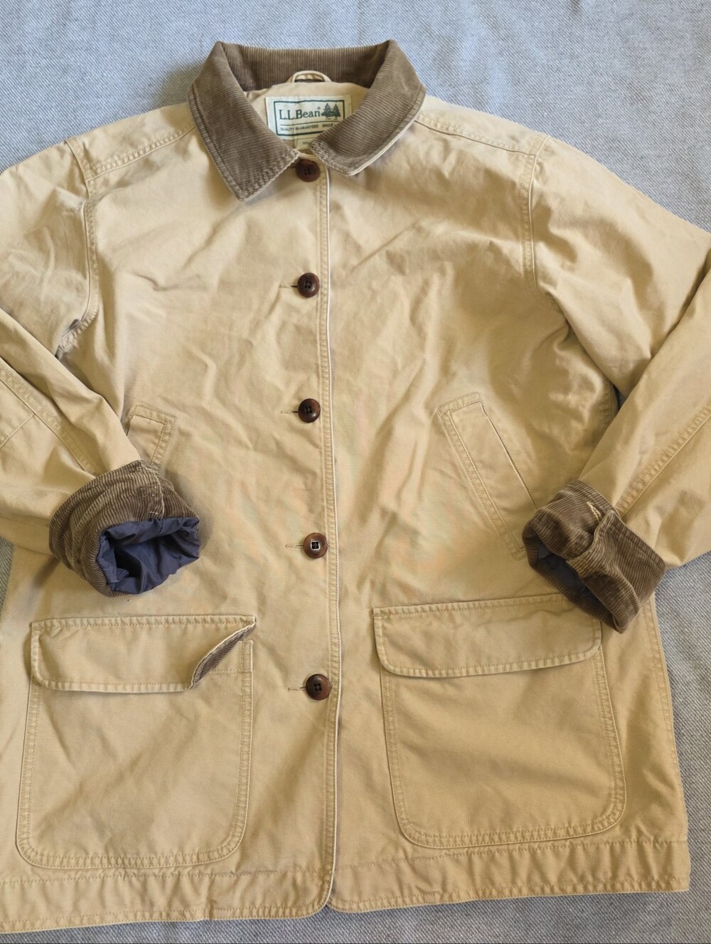 L.L. Bean Vintage 90s Khaki Utility Barn Chore Jacket with Brown Corduroy Collar - Picture 7 of 11